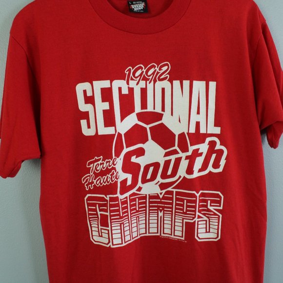 Vintage 90s Screen Stars Red Soccer Sectional Champs Tee Shirt - Picture 2 of 7